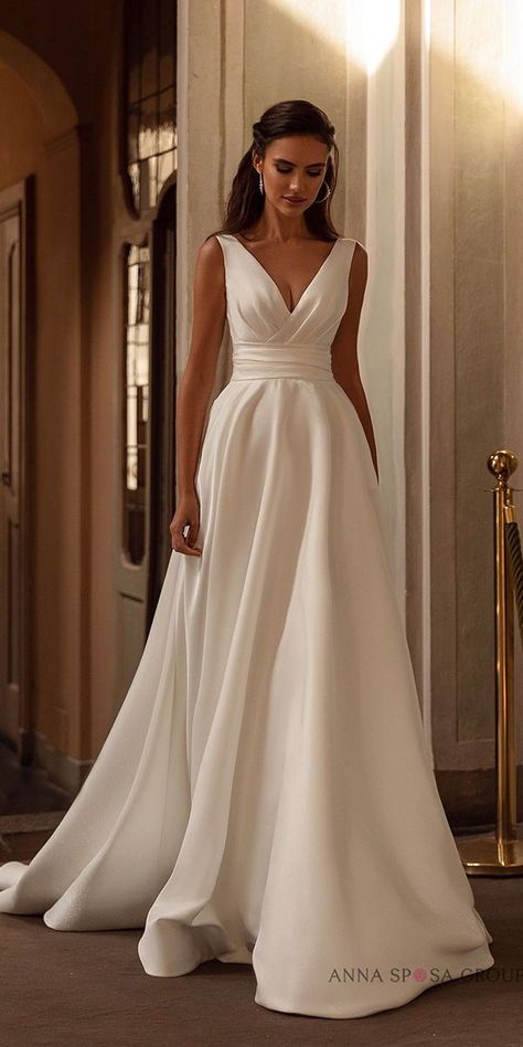 15 Satin Wedding Dresses: Classic and Chic ❤ satin wedding dresses a line v neckline simple anna sposa ❤ #weddingdresses #fairytaleweddingdress #classyelegantweddingdress #etherealweddingdress #satinweddingdresses #simpleweddingdresses Minimal Wedding Dress, Buy Wedding Dress, Classy Wedding Dress, Pretty Wedding Dresses, V Neck Wedding Dress, Wedding Dress Fabrics, Wedding Dresses Satin, Dream Wedding Ideas Dresses, Classic Wedding Dress