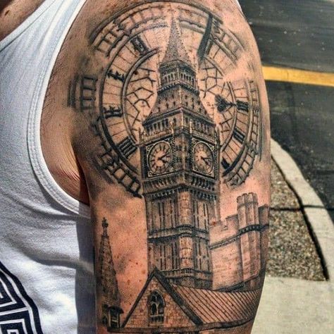 50 Big Ben Tattoo Designs For Men - Clock Ink Ideas Big Ben Tattoo, Nice Tatoos, British Tattoo, Mysterious Tattoo, Bridge Tattoo, Tatto Boys, Michael Lang, Tattoo Son, Big Ben Clock