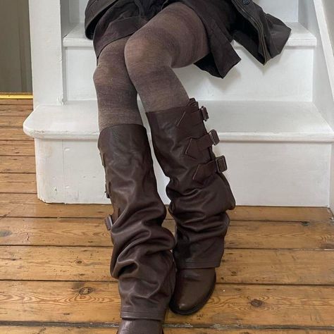 brown knee high leather buckle boots Dark Brown Leather Boots, Fold Over Boots, Brown Knee High Boots, Slouchy Boots, I'm With The Band, Super Duper, Buckle Boots, Brown Leather Boots, Pretty Shoes