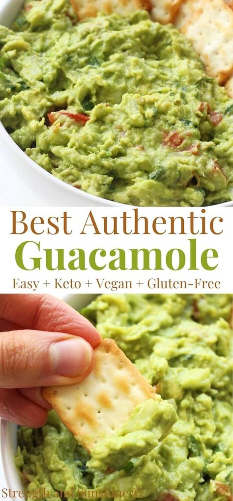 Authentic Guacamole Recipe | Strength and Sunshine | The best Authentic Guacamole Recipe! Fresh and delicious, only 6 whole food ingredients, this easy guacamole is naturally gluten-free, vegan, keto, and paleo! Cool and creamy mashed avocado with just the right amount of traditional Mexican flavors and spice! Grab your favorite tortilla chips for some delicious snacking or use it as a homemade spread for toast and sandwiches! Best Homemade Guacamole Recipe, Vegan Guacamole Recipe, Authentic Guacamole Recipe Mexico, Smooth Guacamole Recipe, Traditional Guacamole Recipe, Guacamole Recipe Easy Homemade, Guacamole Toast, Recipe For Guacamole, Creamy Avocado Dip