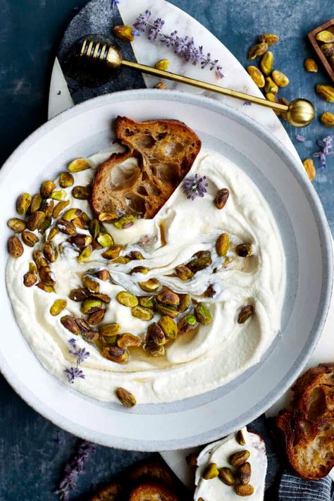 Whipped Ricotta Dip with Honey and Pistachios - Food Dolls Whipped Ricotta With Honey And Pistachios, Whipped Dips, Ricotta Dip With Honey, Whipped Ricotta With Honey, Ricotta With Honey, Whipped Ricotta Toast, Whipped Ricotta Dip, Baguette Toast, Whipped Ricotta Recipe