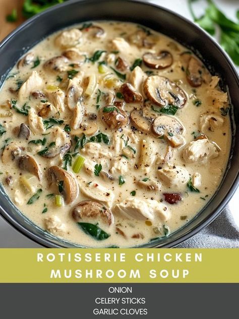 Quick Rotisserie Chicken Soup, Chicken Thigh Soup Recipes Homemade, Rotisserie Mushroom Chicken Soup, Creamy Mushroom And Chicken Soup, Cottage Cheese Mushroom Soup, Costco Rotisserie Chicken Recipes Soup, Soup Recipe With Rotisserie Chicken, Cream Of Chicken Mushroom Soup, Recipes To Use A Rotisserie Chicken