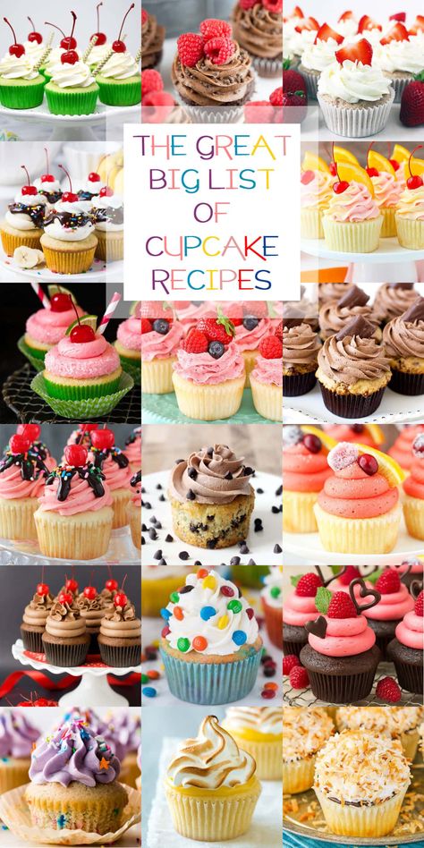 The Great Big List of Cupcake Recipes – a sweet collection of 200 delectable cupcakes that you’ll want to bake and shovel into your mouth. The Best Cupcakes Recipe, Cupcake Combinations Ideas, Mini Cupcakes Ideas For Wedding, Cupcake Recipes Flavor, Spring Inspired Cupcakes, Elegant Cupcake Recipes, Specialty Cupcakes Ideas, Pastry Baking Recipes, Best Birthday Cupcake Recipe