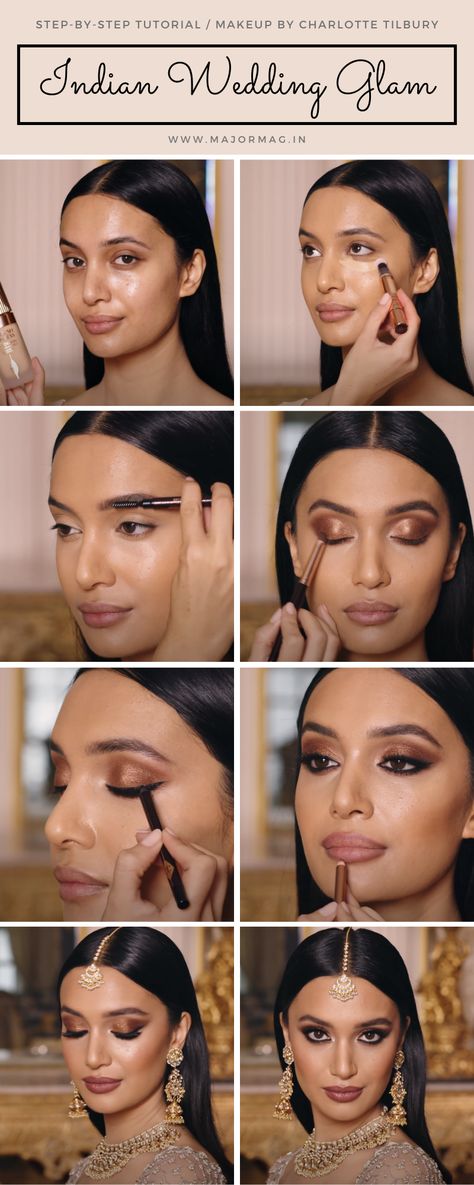 Indian Inspired Makeup Looks, Indian Bridal Makeup 2023, Bronze Wedding Makeup Look, Charlotte Tilbury Indian Bridal Makeup, Bridal Makeup Ideas Indian, Bridesmaid Makeup Indian Make Up, Sangeet Night Makeup, Engagement Makeup Indian Make Up Simple, Indian Make Up Ideas