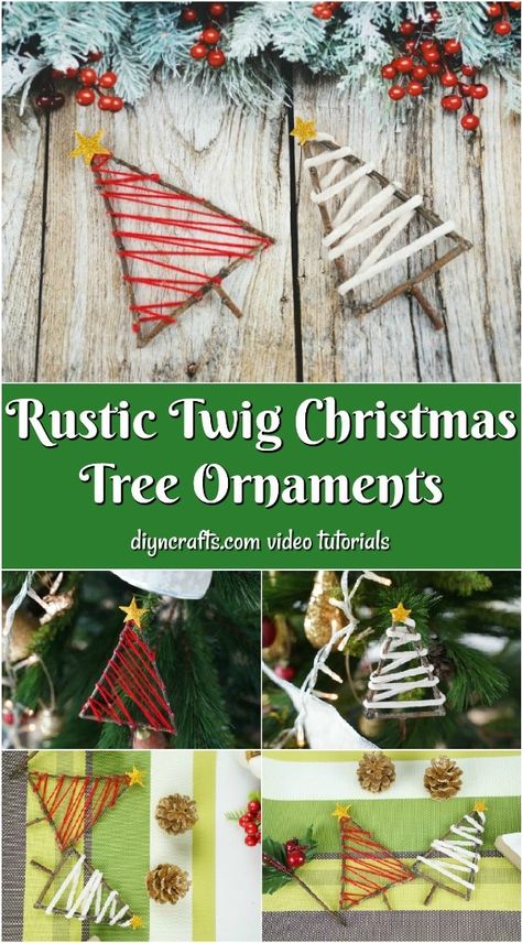 Rustic Twig Christmas Tree Ornaments are a perfect addition to your holiday tree! Gather a few twigs from the yard, grab your hot glue gun, and scrap yarn to create these adorable twig Christmas trees to hang on your tree this year! #rustic #rusticornaments #ornaments #christmasornaments #diyornaments Christmas Tree Inspiration Rustic, Christmas Tree Ornament Crafts, Twig Christmas Tree, Twig Crafts, Stick Christmas Tree, Yarn Trees, Diy Christmas Tree Ornaments, Scrap Yarn, Christmas Tree Inspiration