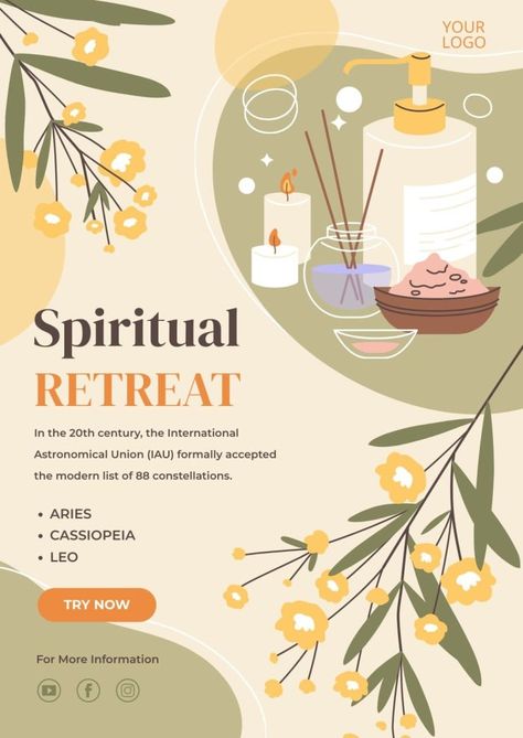 Hand-drawn Linear Spiritual Retreat Poster Retreat Poster, Boho Spa, Beauty Blogger Photography, Ads Poster, City Branding, Eat Sleep Repeat, Spiritual Retreat, Blogger Photography, Beauty Salon Decor