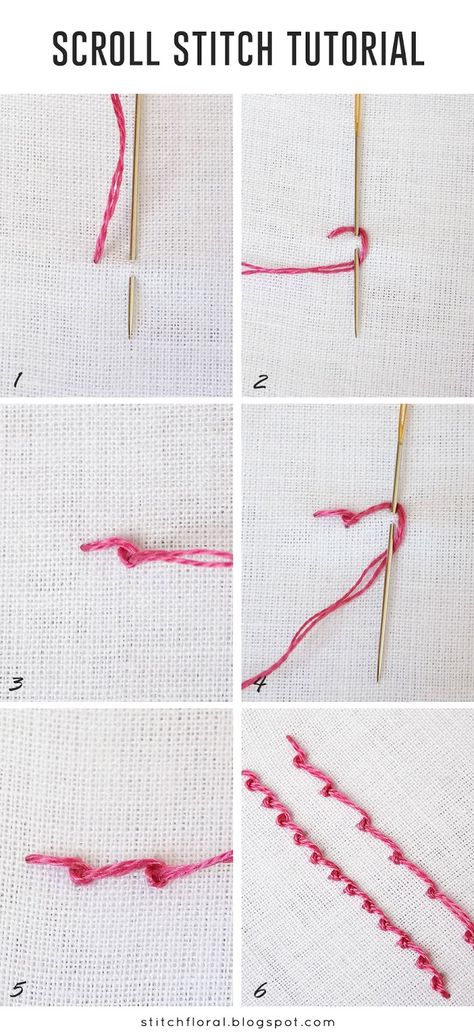 Scroll stitch tutorial #embroidery #handembroidery #stitching #stitch #scrollstitch #needlework #tutorial Scroll Stitch Embroidery Designs, Scroll Stitch Embroidery, Stitch Tutorial Embroidery, Embroidery Sampler Book, Hand Embroidery Stitches Tutorial, Scroll Stitch, Fabric Applique Diy, Vintage Stevie Nicks, Tutorial Embroidery