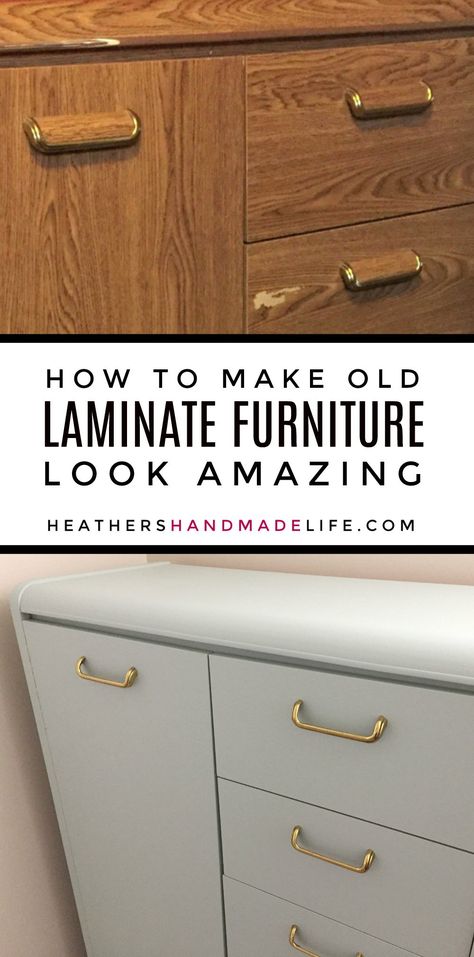 Laminate furniture makeover -- How to turn old laminate furniture into AMAZING pieces {Heather's Handmade Life} Painting Laminate Dresser, Painting Particle Board Furniture, Laminate Cabinet Makeover, Refinishing Laminate Furniture, Simple Bedroom Furniture, Laminate Furniture Makeover, Wood Dressers Makeover, Particle Board Furniture, Paint Laminate Furniture