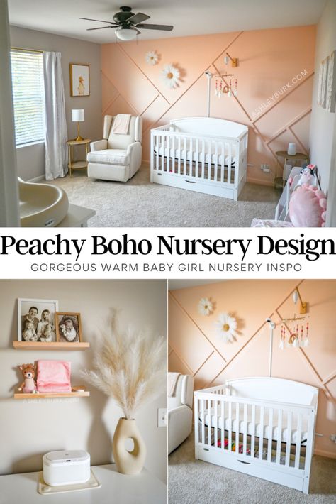 Soft Peach Nursery Peach Accent Wall, Girl Nursery Inspiration, Pampas Flower, Girl Nursery Crib, Peach Nursery, Nursery Inspiration Girl, Nursery Rocker, White Pampas