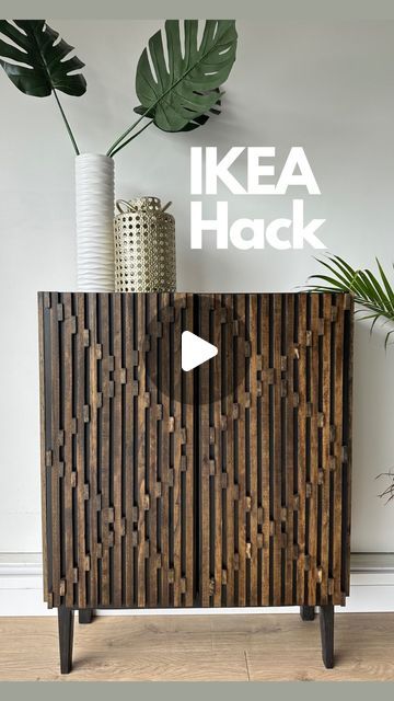 Ikea Wood Slats Hack, How To Make Ikea Furniture Look Like Wood, Wood Slat Cabinet Doors Diy, Ikea Ivar Stained Black, Ivar Hack Ideas, Ikea Ivar Cabinet With Cane Doors, Ikea Ivar Hack, Ivar Cabinet, Pine Trim