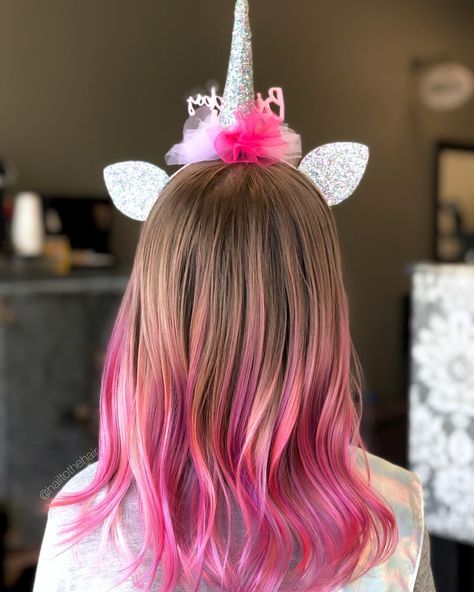 Unicorn mermaid hair for little girls. Hair Dye For Kids, Pink Hair Tips, Pink Haircut, Pink Hair Streaks, Kids Hair Color, Dyed Hair Ombre, Haircolor Ideas, Hair Dye Tips, Pink Ombre Hair