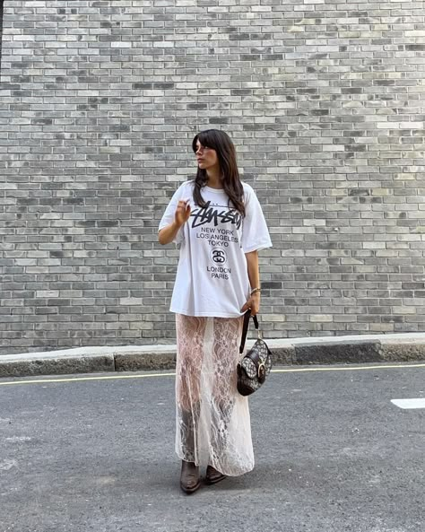 strut strut | Instagram Shirt Over Skirt Outfit, How To Style A Lace Skirt, Sheer Dress Outfit Street Style, Patterned Maxi Skirt, Sheer Skirt Outfit Street Styles, Lace Skirt Outfit Summer, Long Lace Skirt Outfit, Lace Maxi Skirt Outfit, Lace Skirt Outfit Ideas