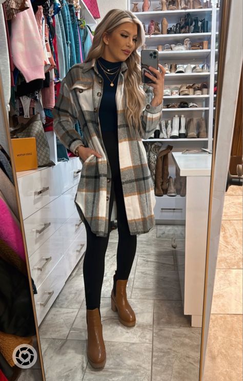 Long Flannel Shirt Outfit Winter, Plaid With Leggings, Brown Plaid Jacket Outfit Woman, Dress With Shacket Outfit, Shacket Outfit Women Leggings, Layered Shacket Outfit, Flannel Shacket Outfit Leggings, How To Style A Long Plaid Shacket, Curvy Shacket Outfit