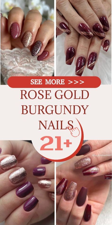 21  Rose Gold Burgundy Nails That’ll Make You Love This Color Combo Maroon And Gold Glitter Nails, Blush Pink And Rose Gold Nails, Burgundy And Gold Nail Ideas, Nail Designs With Burgundy, Burgundy And Pink Ombre Nails, Plum And Rose Gold Nails, Dark Mauve Nails Design, Maroon And Gold Nail Ideas, Neutral Mauve Nails