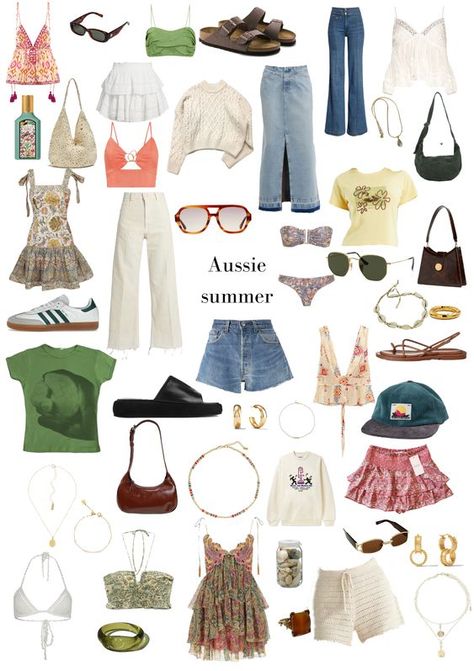 Australian Summer Style #SandyToesStyle #BeachHats #ShellJewelry #SeashellHairclips Summer Clothes Australia, Aussie Fashion Summer, 2024 Clothing Aesthetic, Summer Outfits 2023 Australia, Summer 2034 Outfits, Australian Fashion 2024, Shein Europe Outfits, Colorful Casual Outfits Spring Summer, Australian Vacation Outfits