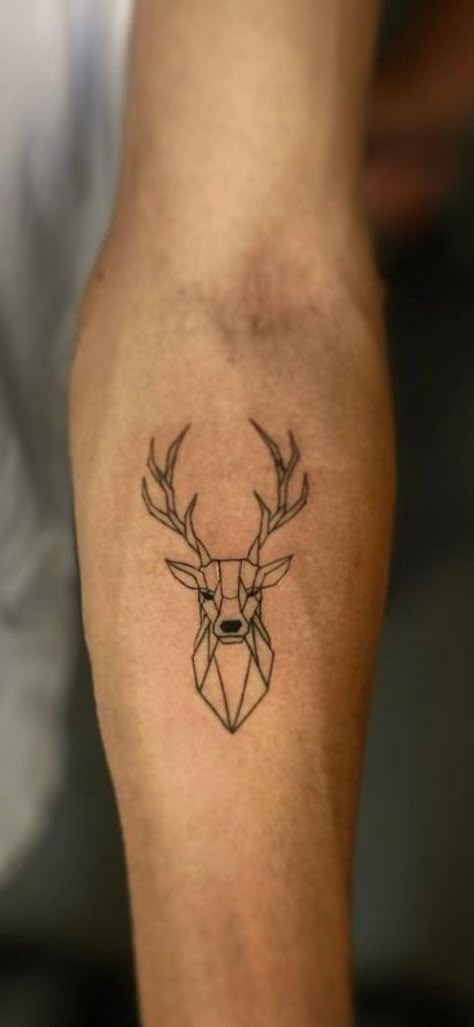 Stag Tattoo Minimalist, Cool Tattoos For Forearm, Fine Line Stag Tattoo, Masculine Minimalist Tattoo, Harry Potter Stag Tattoo, Deer Tattoo Minimalist, Deer Arm Tattoo, Deer Geometric Tattoo, Buck Tattoo Men