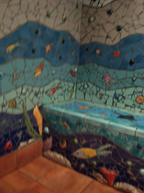 Greek Mosaic, Mosaic Shower Tile, Shower Mosaic, Smash Glass, Rainy Window, Mosaic Mural, Knee Wall, Mosaic Tile Designs, Bohemian Bathroom