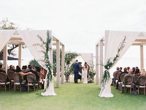 Shaded Wedding Ceremony, Canopy For Wedding Ceremony, Hawaii Backyard, Canopy Draping, Wedding Canopy Outdoor, Canopy Wedding, Whimsical Theme, Neutral Florals, Backyard Wedding Ideas