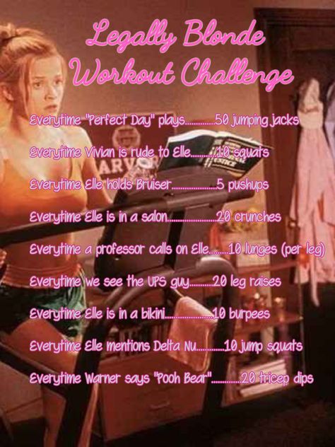 LEGALLY BLONDE MOVIE WORKOUT CHALLENGE Movie Workout Challenge, Tv Workout Challenge, Netflix Workout, Show Workouts, Tv Show Workouts, Tv Workout, Legally Blonde Movie, Movie Workouts, Home Workout Challenge