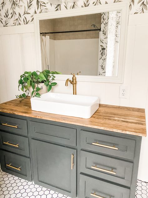 Vessel Bathroom Sink Vanity, Vanity With Top Sink, Blue Rustic Bathroom Vanity, Square Sink Bowl On Top Of Vanity, Vessel Vanity Sink, Bathroom Sink Vessel Ideas, White Vanity With Vessel Sink, Bathroom With Wood Countertop, Butcherblock Countertop Bathroom