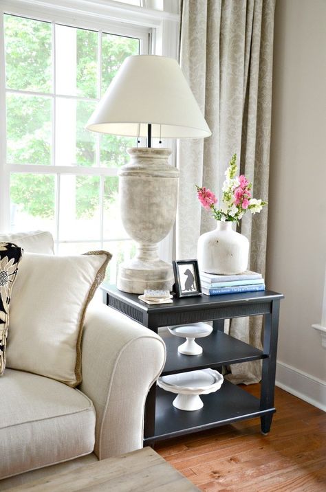 HOW TO STYLE AN END TABLE- 5 no fail items to put on your end table! Dark End Tables, End Table Lamps Living Rooms, End Table Styling, Living Room End Table Decor, Living Room End Table Lamps, End Table With Lamp, Side Table Decor Living Room, End Table Lamps, End Table Decor