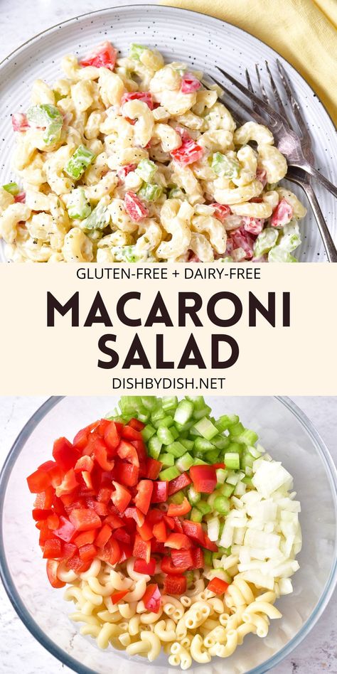 Perfect for picnics, barbecues and potlucks, this gluten-free macaroni salad is easy to make, tastes delicious, and is always a popular side dish during the summer! Totally dairy-free too. Gluten Free Pasta Salad Recipes, Summer Recipes For Kids, Spring Vegetarian Recipes, Gluten Free Potluck, Summer Grill Recipes, Gluten Free Pasta Salad, Salad Recipes Gluten Free, Dinner Spring, Easy Macaroni Salad