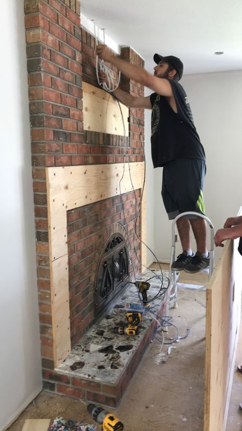 Fireplace Upgrade | House & Crown Recessed Brick Fireplace, Arched Fireplace Opening, Panel Over Brick Fireplace, Two Tone Brick Fireplace, Shiplap On Fireplace Wall, Rebricking A Fireplace, Mantle Over Brick Fireplace, Fireplace Refacing Ideas, Rebuild Fireplace