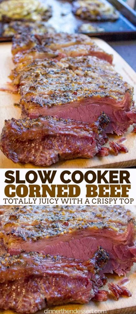 Crispy Slow Cooker Corned Beef with perfectly juicy slices of beef and crispy crust this is the only corned beef recipe you'll ever use! #slowcooker #crockpot #cornedbeef #stpatricksday #dinner #beef #sandwiches #dinnerthendessert Corned Beef Recipes Slow Cooker, Crock Pot Corned Beef, Corned Beef Recipe, Slow Cooker Corned Beef, Cooking Corned Beef, Corn Beef, Dinner Beef, Corned Beef Brisket, Beef Sandwiches