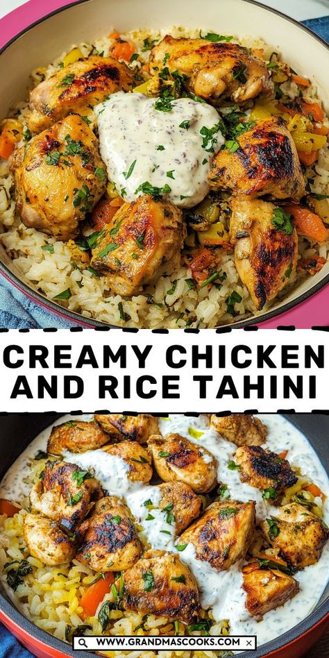 This Creamy Chicken and Rice with Tahini is the ultimate comfort dish! Tender chicken and perfectly cooked rice are bathed in a creamy, nutty tahini sauce that adds a rich depth of flavor. Perfect for cozy dinners! Middle Eastern Chicken Recipes, Tahini Chicken Recipe, Yogurt Tahini Sauce, Tahini Chicken, Middle Eastern Chicken, Tahini Sauce Recipe, Tahini Recipe, Creamy Chicken And Rice, Cozy Dinners