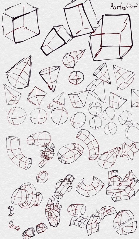 Shapes Perspective Drawing, Drawing Ideas Shapes, Form In Art Drawing, Anatomy Practice Shapes, Shapes To Draw Bodies, 3d Shapes Art Reference, 3d Shapes Sketch, Drawing Fundamentals Shape, Perspective Art Practice