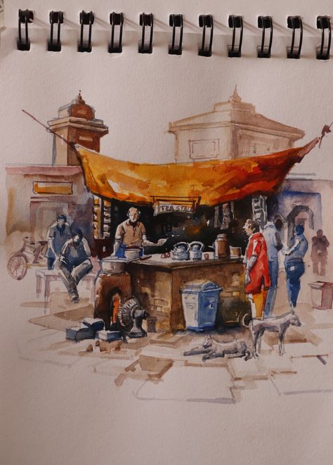 Watercolor tea stall painting Village Composition Drawing, Human Figures Composition, Tea Stall Composition Painting, Water Colour Composition Drawing, Composition Watercolor Painting, Road Side Tea Stall Drawing, Tea Stall Composition, Figure Composition Paintings, Tea Stall Painting