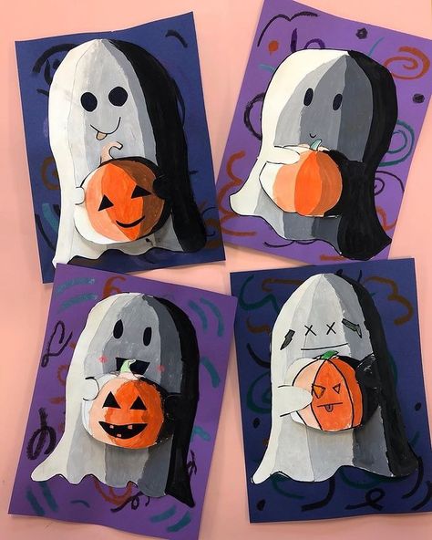 Elementary Halloween Art Lesson, Art Teacher Halloween Costume Ideas, Pumpkin Art Ideas For Kids, October Art Lessons Elementary, First Grade Halloween Art Projects, Ghost Art Project, Halloween Art Grade 2, Grade 5 Halloween Art, 2nd Grade Halloween Art Projects