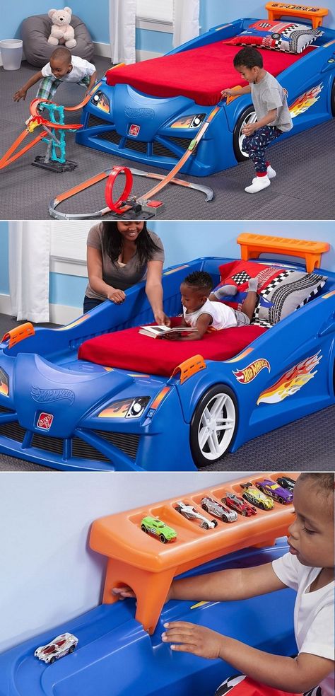 Blue colored Hot Wheels race car bed, with dream come true features, is not just a standard toddler bed but an awe-inspiring piece that will make the transition phase of crib mattress into a twin mattress an easy and enjoyable passage to be cherished by kids and family alike. Made in the USA, Hot Wheels race car bed by Step2 is designed to grow with your child and finally transform into a twin bed. Hot Wheels Bedroom, Auto Humor, Race Car Bedroom, Toddler Car Bed, Twin Car Bed, Twin Car, Kids Car Bed, Hot Wheels Room, Mini Driver