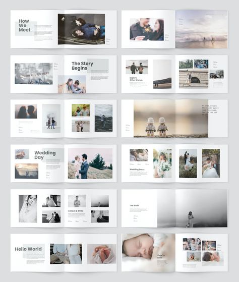 A5 Minimalist Photobook Design Template. 30 Pages InDesign Document Indesign Photobook Templates, Photo Album Minimalist, Photo Album Layout Design Templates, Layout Design Photobook, Photo Documentation Layout, Digital Photo Album Design, Album Pages Design, Wedding Album Design Layout Templates, Photobooks Layout