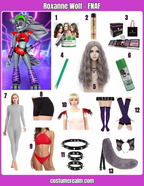 Fnaf Costumes Diy, Roxanne Wolf Cosplay Ideas, Roxanne Wolf Full Body Fnaf, Roxanne Wolf Costume, Roxanne Wolf Outfit, Roxanne Wolf Inspired Outfit, Roxanne Wolf Cosplay Human, Roxanne Wolf Makeup, Roxy Cosplay Fnaf