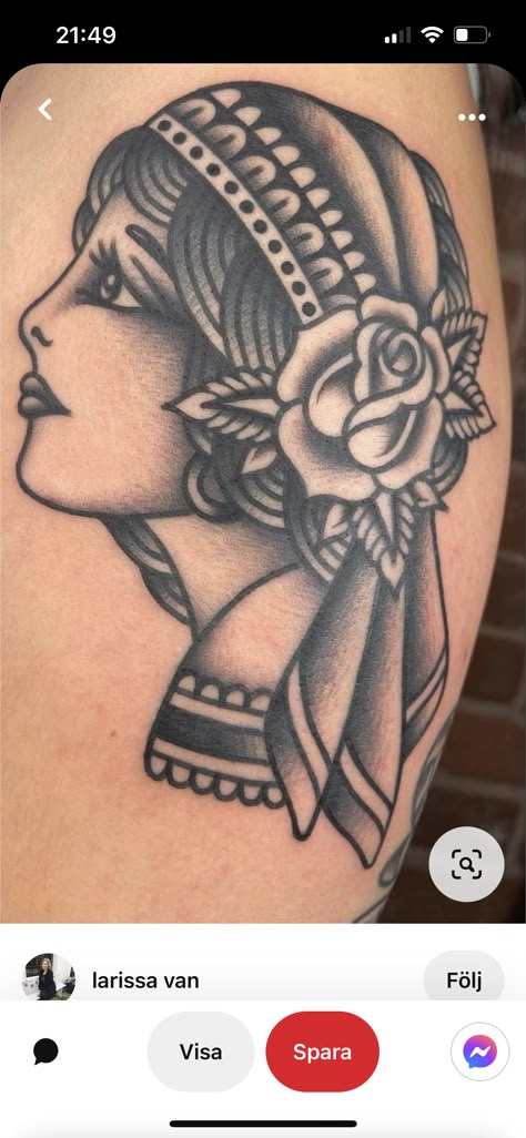 Black Grey American Traditional, Old School Lady Head Tattoo, Traditional Woman Tattoo Black, Traditional Tattoos Woman Face, Traditional Tattoo Art Woman Face, Traditional Lady Head Tattoo Side Profile, American Traditional Lady Face Tattoo, American Traditional Tattoos Women Faces, American Traditional Woman Face Tattoo