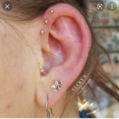 Ear Piercings Forward Helix Triple, Forward Helix And Helix Piercing, 3 Forward Helix Piercing, Triple Forward Helix Piercing Jewelry, Forward Helix And Industrial Piercing, Triple Helix Piercing Forward, Triple Forward Helix Piercing Ideas, Double Forward Helix Piercing Ideas, Postpartum Aesthetic