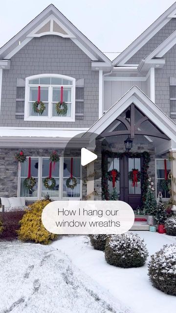 Kati Nairn | Beyond Gray on Instagram: "Lots of different window wreath methods out there but this is the one I’ve been using for years and it works! I usually have to replace the ribbon each year because it’s exposed to the weather elements all holiday season long which is why I don’t spend a lot of $ on the ribbon. Last year, we added lights to all the wreaths which required a lot of extension cords but looked really pretty at night. I like hanging the wreaths from the top of the window because you see more of the red ribbon and it makes each window really pop. ✨" Christmas Window Wreath Ideas, Hanging Wreaths On Windows With Ribbon, Wreath Hanging From Ribbon, How To Hang Wreaths On Windows, Wreath Methods, Christmas Wreaths For Windows, Christmas Window Lights, Lighted Wreaths, Window Wreath