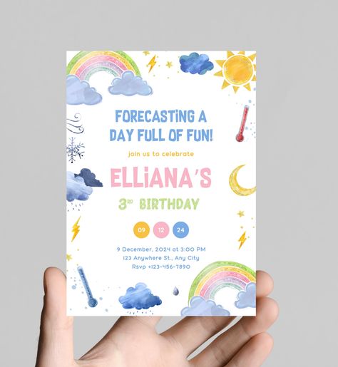 Rainbow and Weather themed 3rd birthday party invitation, forecasting a day of fun, birthday, printable, digital Weather Themed Birthday Party, Weather Birthday Party, 3rd Birthday Themes, Weather Party, Weather Theme, Party Edit, Girl Time, 3rd Birthday Party, Beautiful Invitations