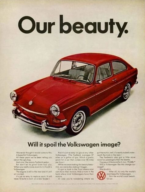 Classic VW Fastback Vintage Advertisement with red VW Fastback. Old Volkswagen, Volkswagen Fastback, Car Print Ads, Volkswagen Type 3, Vw Type 3, Vw Sedan, Volkswagen Karmann Ghia, Sedan Cars, Vintage Volkswagen