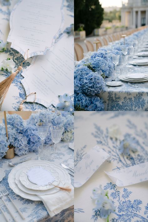 Elegant Wedding Stationery Ideas For Blue And White Wedding |Explore Alyssa & Marcelo's luxury destination wedding at Palácio Nacional de Queluz, Portugal, featuring elegant wedding stationery design with unique wedding aesthetic. Discover more wedding menu cards, place settings, seating names, and exquisite wedding calligraphy. Elevate your dream wedding with Prettie Wedding Design. Get in touch now at prettie.pt to create your elegant wedding invitation & day of wedding stationery. Wedding Inspo Blue And White, Blue Inspired Wedding, Light Blue White And Gold Wedding, Blue And White Toile Wedding, Blue And White Reception Decor, Beachy Blue Wedding, Pale Blue And White Wedding, White And Blue Wedding Invitations, French Toile Wedding