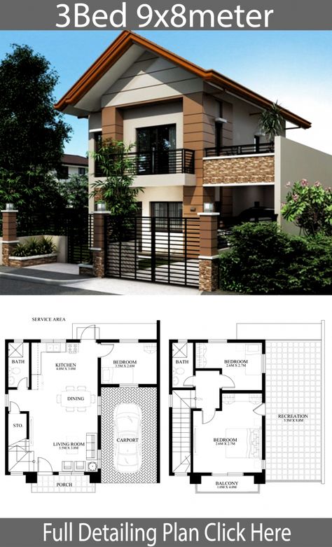 Home Design Plan 9x8m With 3 Bedrooms - Home Ideas #modernhomedesigns 729 Philippines House, Philippines House Design, Philippine Houses, Two Story House Design, 2 Storey House Design, 2 Storey House, Two Story House, Duplex House Plans, House Plan Gallery