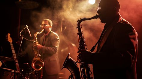 Jazz Night Concert: Silhouetted jazz musicians lost in the music, playing saxophones on a dimly lit stage with fervor. #jazz #concert #music #saxophone #performance #stage #musicians #silhouette #aiart #aiphoto #stockcake https://ayr.app/l/zSzx Musicians On Stage, Concert Illustration, Jazz Aesthetic, Jazz Performance, Playing Saxophone, Jazz Night, Christmas Desktop Wallpaper, Night Concert, Customer Profile