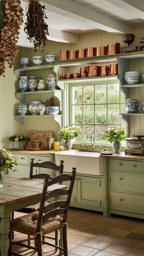 Charming Seaside Retreat: English Coastal Cottage Kitchen Inspiration — Coastal Cottage by Celeste English Cottage Style Kitchen, Cottage Kitchen Inspiration, Coastal Cottage Kitchen, English Cottage Kitchens, Kitchen Open Shelving, Bungalow Designs, Farmers Sink, Traditional Kitchen Cabinets, Cozy Cottage Kitchen