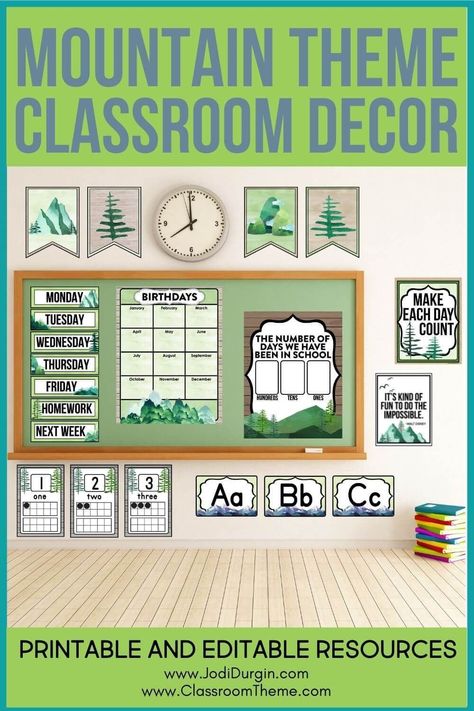 Mountain classroom theme decor is in style for all elementary school or homeschool rooms. Teachers planning hiking themes will love these ideas for setting up a 1st, 2nd, 3rd, 4th or 5th grade classroom. Back to school is easy with welcome bulletin boards and themed door decorations. Get ready to improve your classroom organization & management in a space that feels trendy, modern, fun. Classroom Theme Upper Elementary, Mountain Theme Bulletin Board, Mountain Classroom, Outdoor Adventure Classroom Theme, Hiking Themed Classroom, Mountain Classroom Decor, Mountain Adventure Classroom Theme, Classroom Door Adventure Theme, Camping Classroom Theme