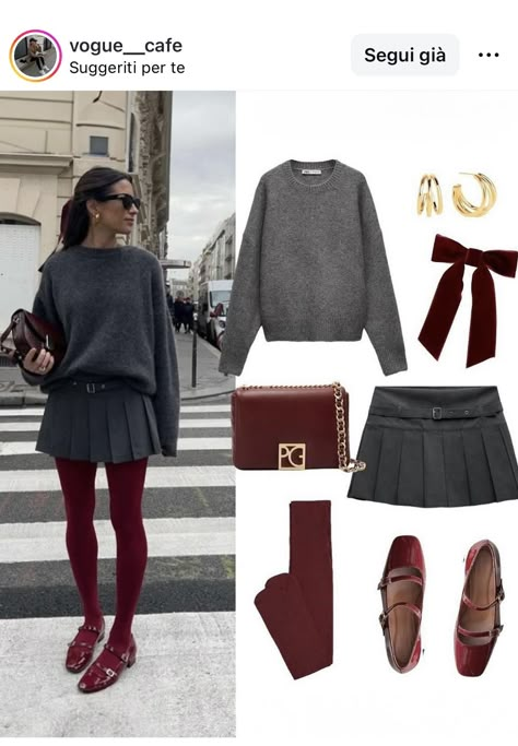 Gray Skirt Outfit, Red Tights, Paris Outfits, Tights Outfit, Autumn Outfits, Red Outfit, Fashion Mistakes, Band Workout, Outfit Inspo Fall