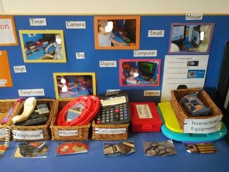 Engaging Environments on Pinterest | Reggio, Learning Spaces and ... Ict Area Eyfs, Ict Display, Nursery Displays, Investigation Table, Eyfs Areas, Preschool Technology, Space Lesson Plans, Investigation Area, Eyfs Classroom