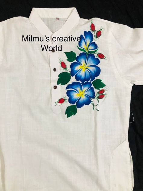 Choose your hand painted pure... - Milmu's Creative World | Facebook Hand Paint Panjabi For Men, Fabric Painting Blouse, Paint Suit Design For Women, Suit Design For Women, Dupatta Painting, Suit Painting, Fabric Colour Painting, Fabric Paint Shirt, Paint Shirt