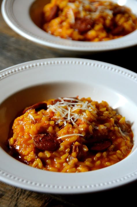 Chorizo and Manchego Risotto - Always Order Dessert Chorizo Risotto, Entertaining Dishes, Spanish Chorizo, Queso Manchego, Manchego Cheese, Risotto Recipe, Easy Rice Recipes, Arborio Rice, Crowd Pleasing Recipes