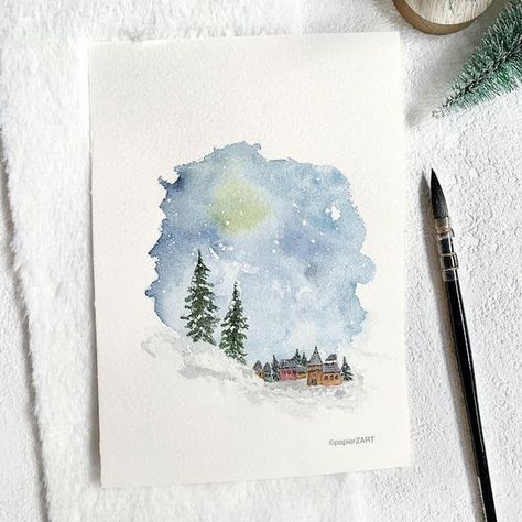 Village Watercolor, Watercolor Christmas Cards Diy, Painted Christmas Cards, Winter Watercolor, Winter Village, Christmas Card Art, Diy Watercolor Painting, Watercolor Christmas Cards, Watercolor Paintings Tutorials